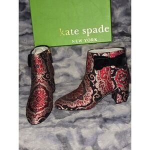 NWB Kate Spade New York Holly Russet Brocade Heeled Booties Velvet Bow Size 9.5